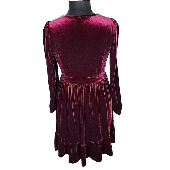 Halara Burgundy Velvet Deep V Neck Long Sleeve Ruffle Hem Dress Size XL - Picture 8 of 9